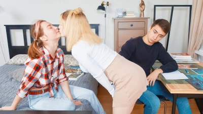 Irresistible cuties tease a lad thumb main